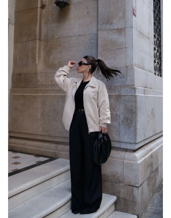 Fermuarlı Gömlek Yaka Bomber Ceket - Beyaz -