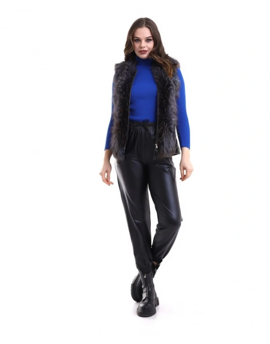 Fermuarlı Koyun Derisi Tilki Kürkü - Siyah -