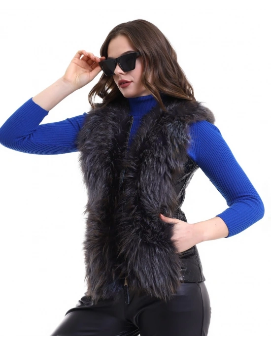 Fermuarlı Koyun Derisi Tilki Kürkü - Siyah -