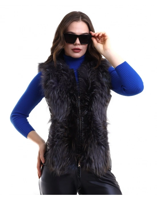 Fermuarlı Koyun Derisi Tilki Kürkü - Siyah -