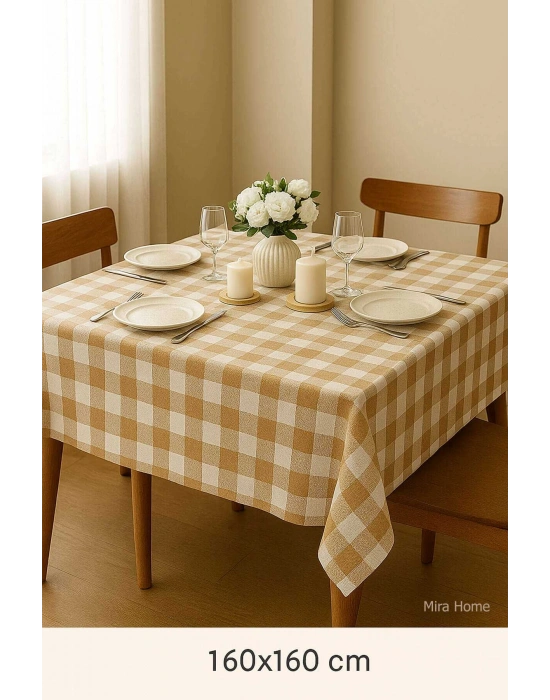 Fiber Kareli Masa Örtüsü Sofra Bezi Ekose Desen 160x160 Cm Bej
