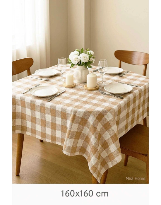 Fiber Kareli Masa Örtüsü Sofra Bezi Ekose Desen 160x160 Cm Bej