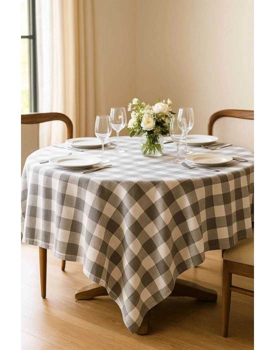 Fiber Kareli Masa Örtüsü Sofra Bezi Ekose Desen 160x160 Cm Gri