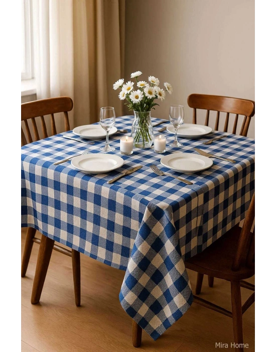 Fiber Kareli Masa Örtüsü Sofra Bezi Ekose Desen 160x160 Cm Mavi
