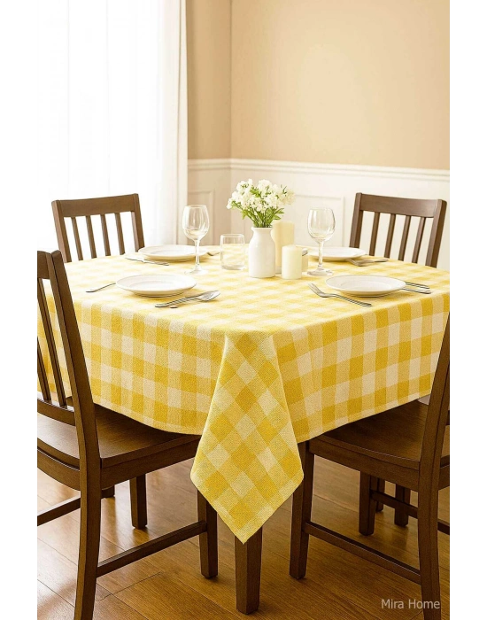 Fiber Kareli Masa Örtüsü Sofra Bezi Ekose Desen 160x160 Cm Sarı