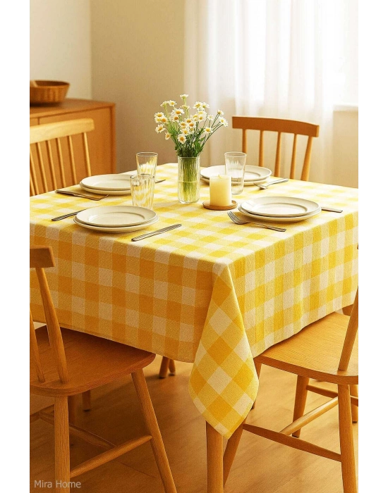 Fiber Kareli Masa Örtüsü Sofra Bezi Ekose Desen 160x160 Cm Sarı