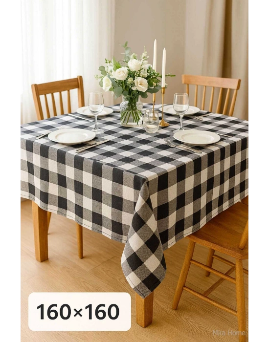 Fiber Kareli Masa Örtüsü Sofra Bezi Ekose Desen 160x160 Cm Siyah