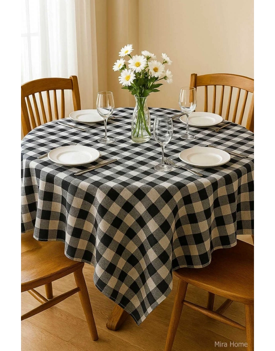 Fiber Kareli Masa Örtüsü Sofra Bezi Ekose Desen 160x160 Cm Siyah