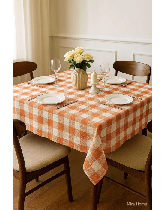 Fiber Kareli Masa Örtüsü Sofra Bezi Ekose Desen 160x160 Cm Turuncu