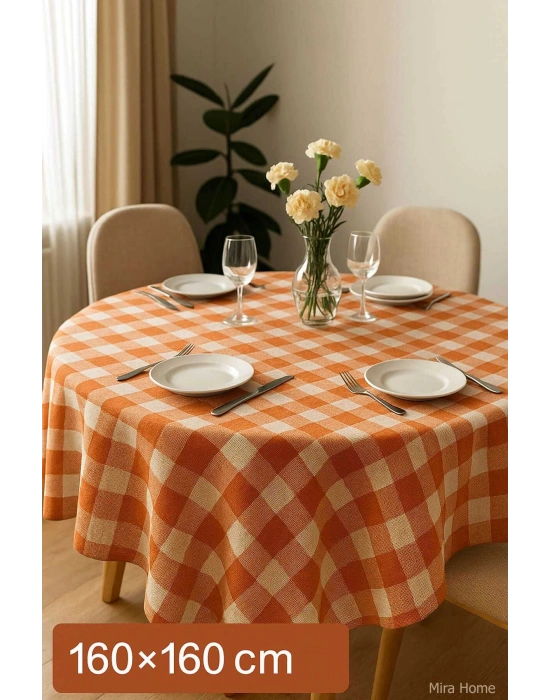 Fiber Kareli Masa Örtüsü Sofra Bezi Ekose Desen 160x160 Cm Turuncu