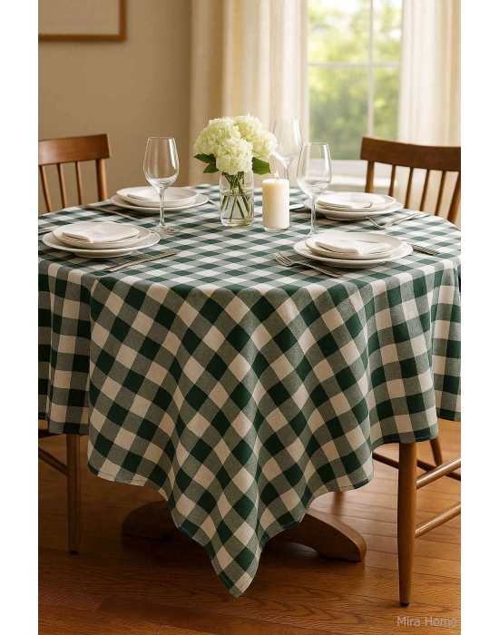 Fiber Kareli Masa Örtüsü Sofra Bezi Ekose Desen 160x160 Cm Yeşil