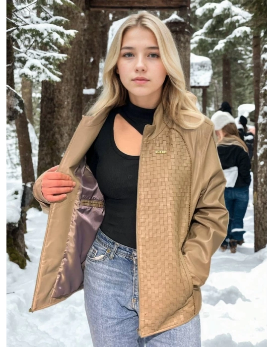 Fileli Deri Ceket - Krem -