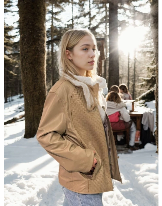 Fileli Deri Ceket - Krem -