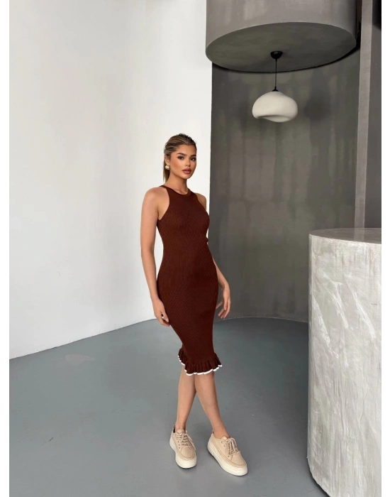 Fırfır Detaylı Triko Elbise- Kahverengi -