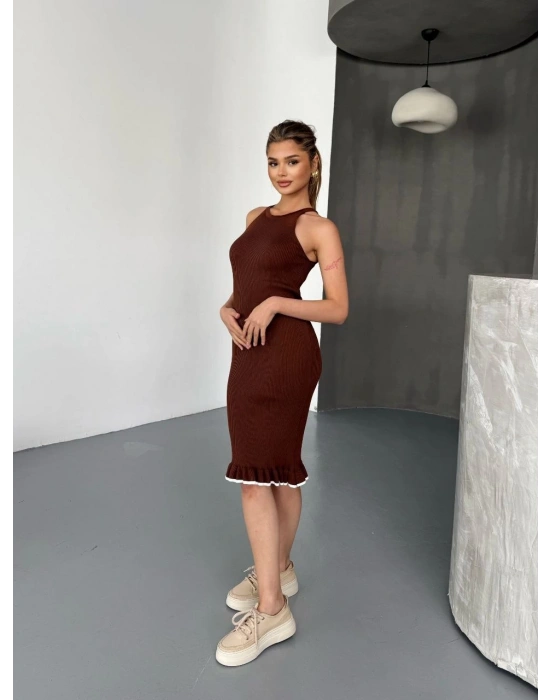 Fırfır Detaylı Triko Elbise- Kahverengi -