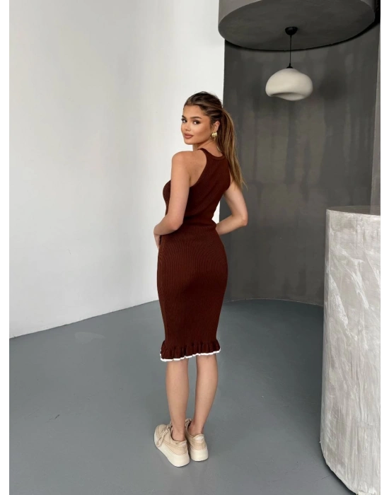 Fırfır Detaylı Triko Elbise- Kahverengi -