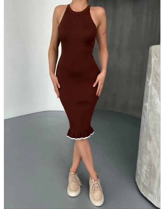 Fırfır Detaylı Triko Elbise- Kahverengi -
