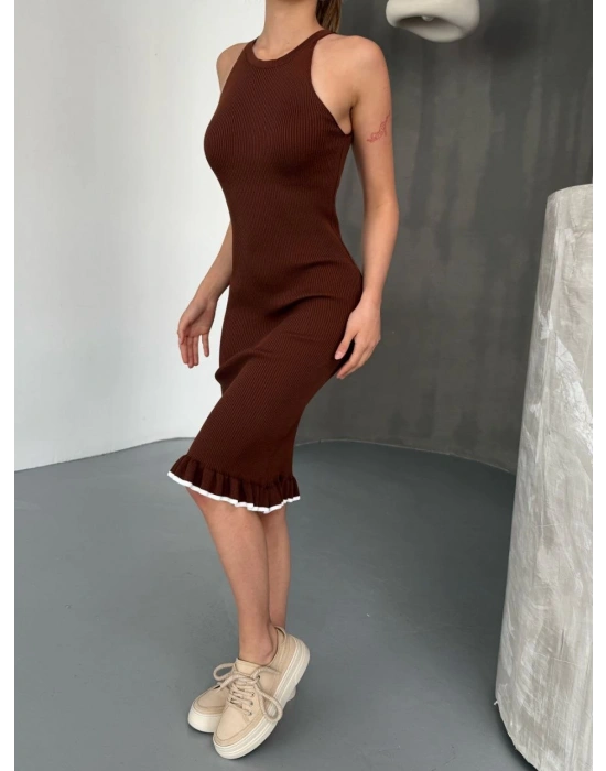 Fırfır Detaylı Triko Elbise- Kahverengi -