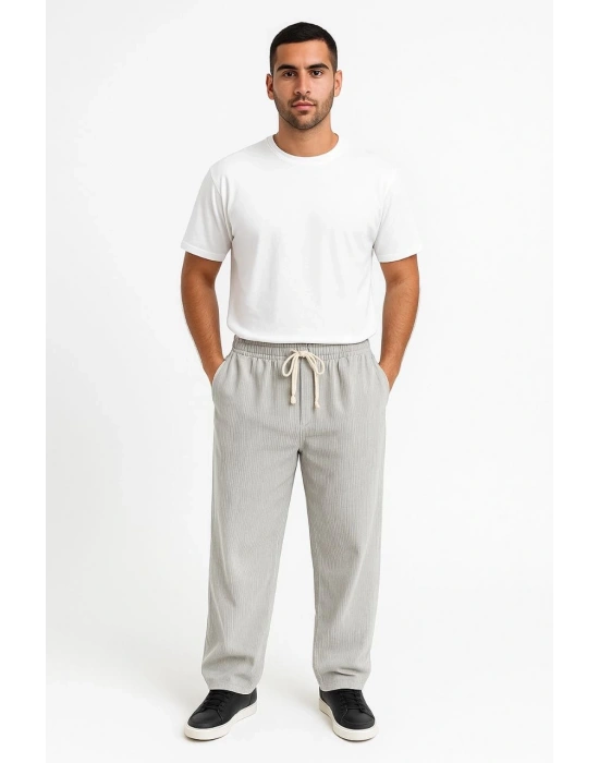 Fitilli Kadife Cepli Buggy Pantolon Oversize Rahat Kalıp - Gri