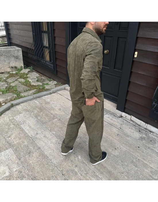 Fitilli Kadife Cepli Buggy Pantolon Oversize Rahat Kalıp - Haki