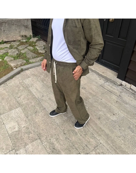 Fitilli Kadife Cepli Buggy Pantolon Oversize Rahat Kalıp - Haki