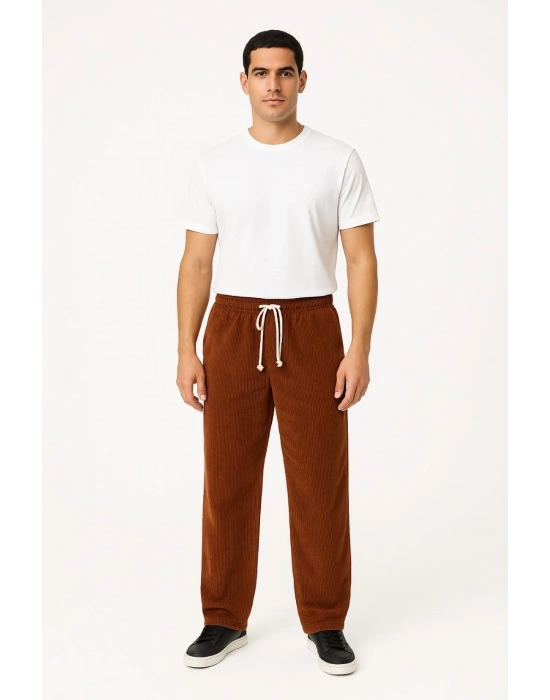 Fitilli Kadife Cepli Buggy Pantolon Oversize Rahat Kalıp - Kahverengi