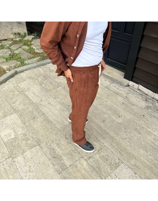 Fitilli Kadife Cepli Buggy Pantolon Oversize Rahat Kalıp - Kahverengi