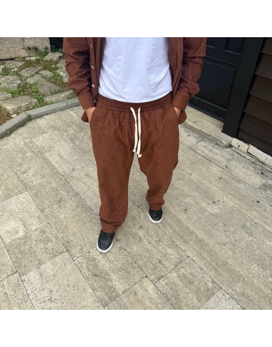 Fitilli Kadife Cepli Buggy Pantolon Oversize Rahat Kalıp - Kahverengi