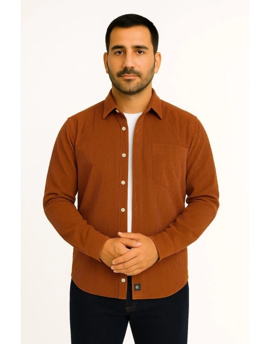 Fitilli Kadife Cepli Gömlek Oversize Rahat Kalıp - Kahverengi