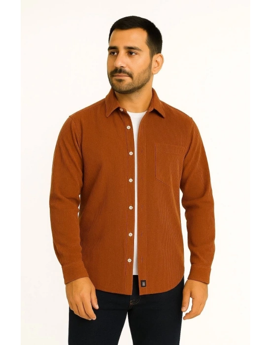 Fitilli Kadife Cepli Gömlek Oversize Rahat Kalıp - Kahverengi
