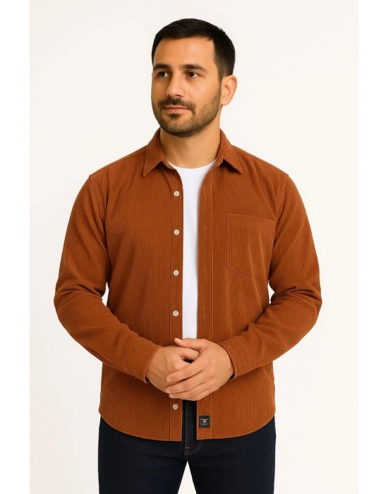 Fitilli Kadife Cepli Gömlek Oversize Rahat Kalıp - Kahverengi