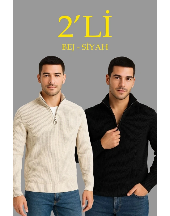 Fitilli Triko Kazak 2’li Set – Siyah  Bej