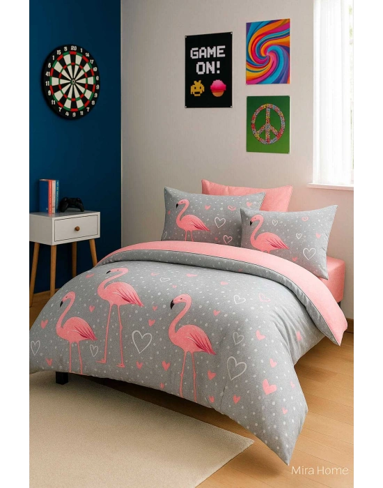 Flamingo Desenli  Pamuklu Tek Kişilik Nevresim Takımı