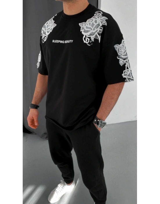 Flok Kabartma Baskılı T-Shirt - Siyah