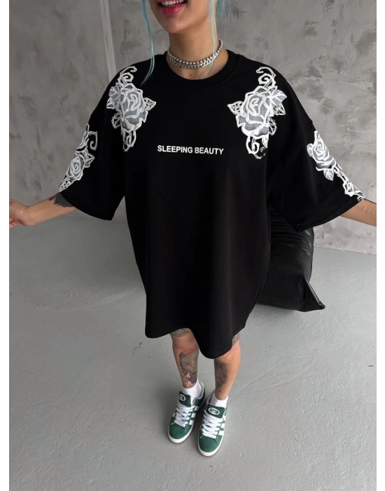 Flok Kabartma Baskılı T-Shirt - Siyah