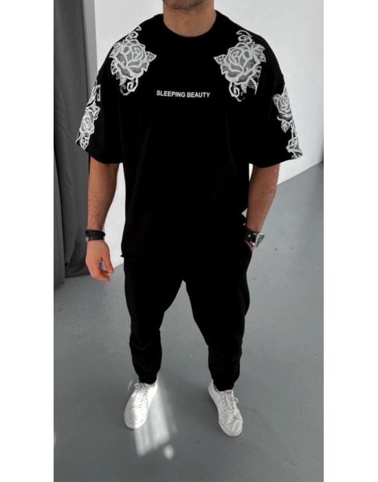 Flok Kabartma Baskılı T-Shirt - Siyah