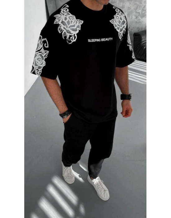 Flok Kabartma Baskılı T-Shirt - Siyah