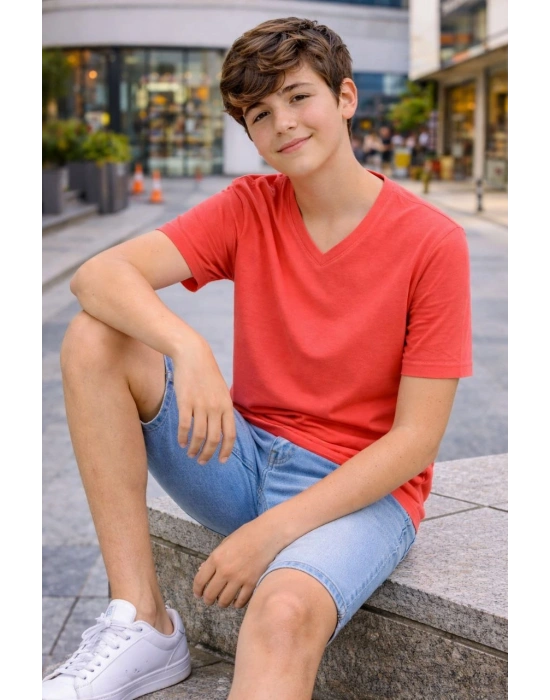 Genç Erkek Çocuk V Yaka Tişört Model - Nar Çiçeği