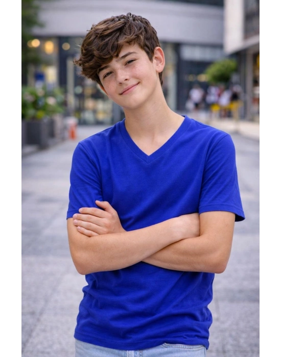 Genç Erkek Çocuk V Yaka Tişört Model - Saks Mavisi
