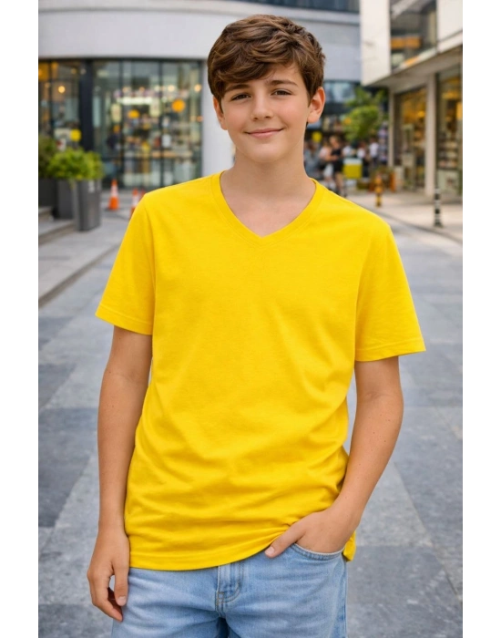 Genç Erkek Çocuk V Yaka Tişört Model - Sarı