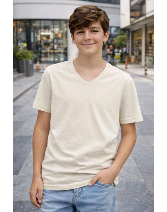 Genç Erkek Çocuk V Yaka Tişört Model - Taş