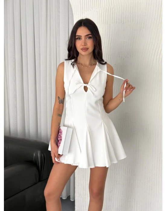Göğüs Bağlamalı Kolsuz Mini Boy Elbise - Beyaz -