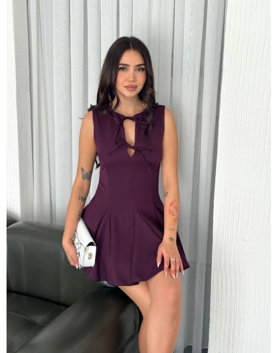 Göğüs Bağlamalı Kolsuz Mini Boy Elbise - Gül Kurusu -