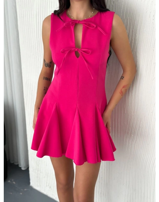 Göğüs Bağlamalı Kolsuz Mini Boy Elbise - Pembe -