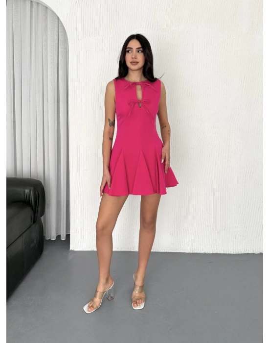 Göğüs Bağlamalı Kolsuz Mini Boy Elbise - Pembe -