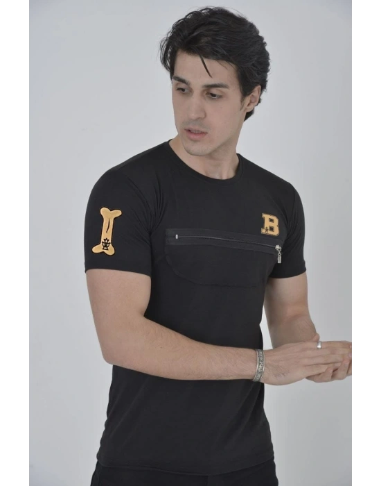 Göğüs Fermuarlı Baskılı T-Shirt - Siyah -