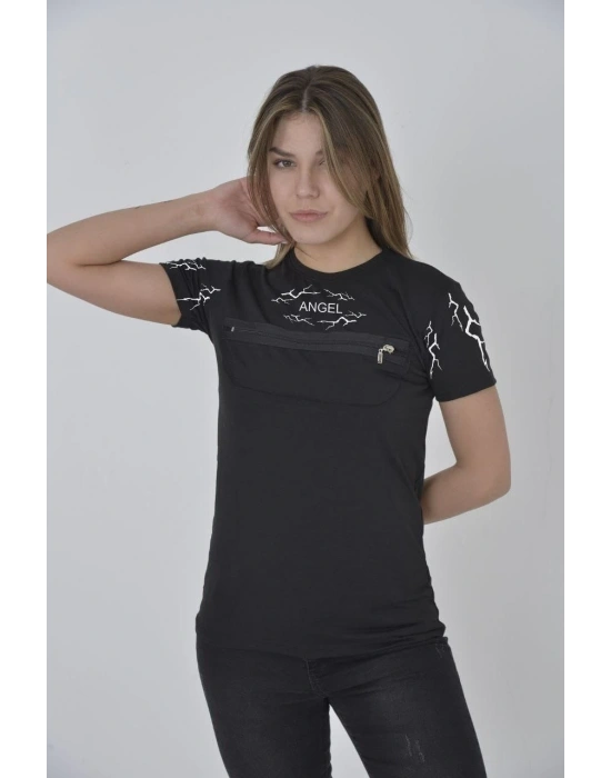 Göğüs Fermuarlı Baskılı T-Shirt - Siyah -