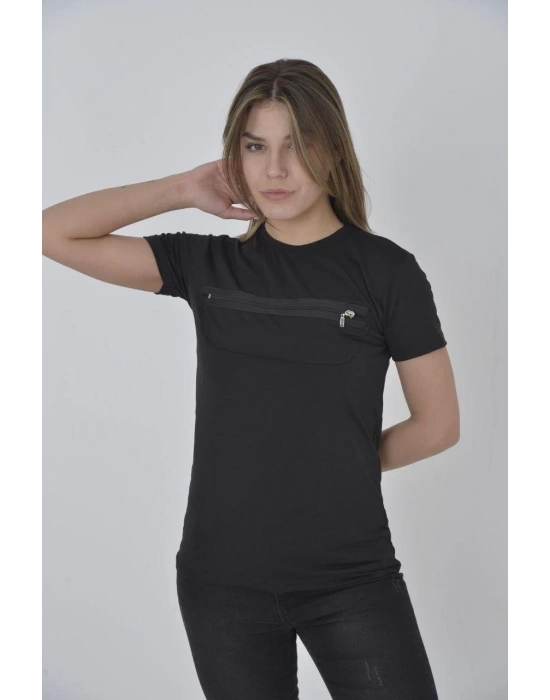 Göğüste Fermuar Aksesuarlı Dar Kalıp T-Shirt - Siyah -