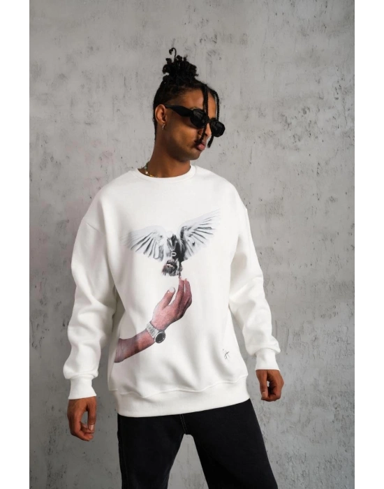 Güvercin Baskılı Sweatshirt - Beyaz -