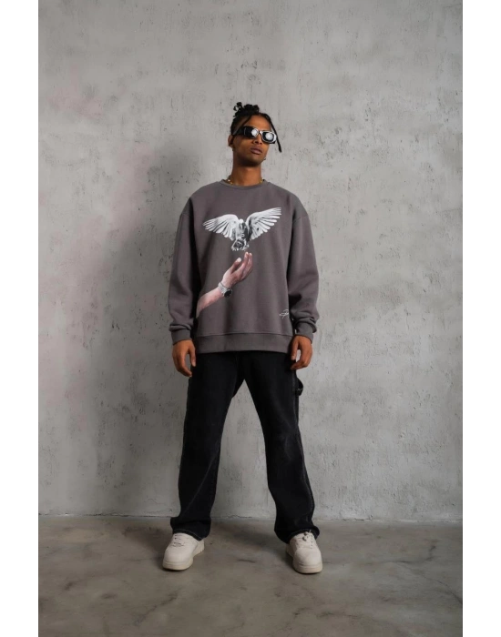 Güvercin Baskılı Sweatshirt - Gri